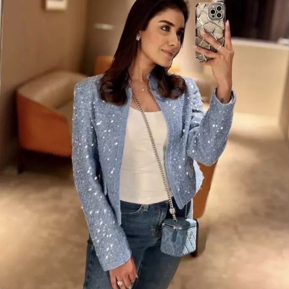 Zara textured tweed sequin blazer jacket blue sliver - Picture 11 of 12